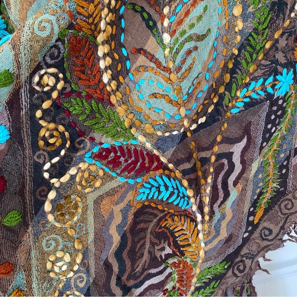 Anu Ariana Wool Brown Embroidered Poncho Cape Shawl One Size - Picture 6 of 9